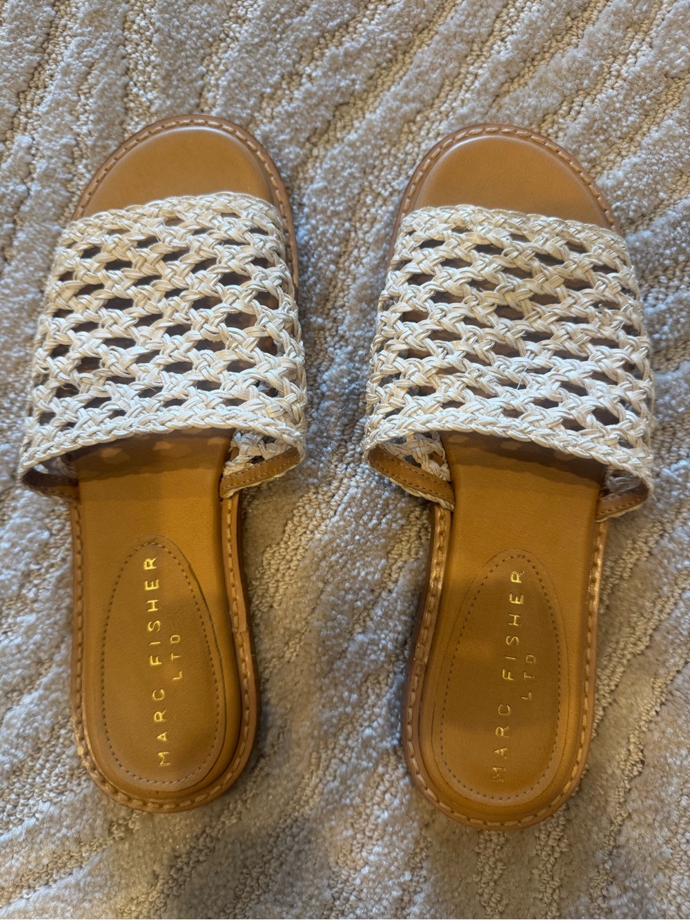 Marc Fisher Cream Woven Slide Sandals with Tan Footbed